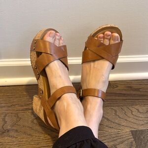 Journee collection valentina tan leather cork stacked wedge sandal 9